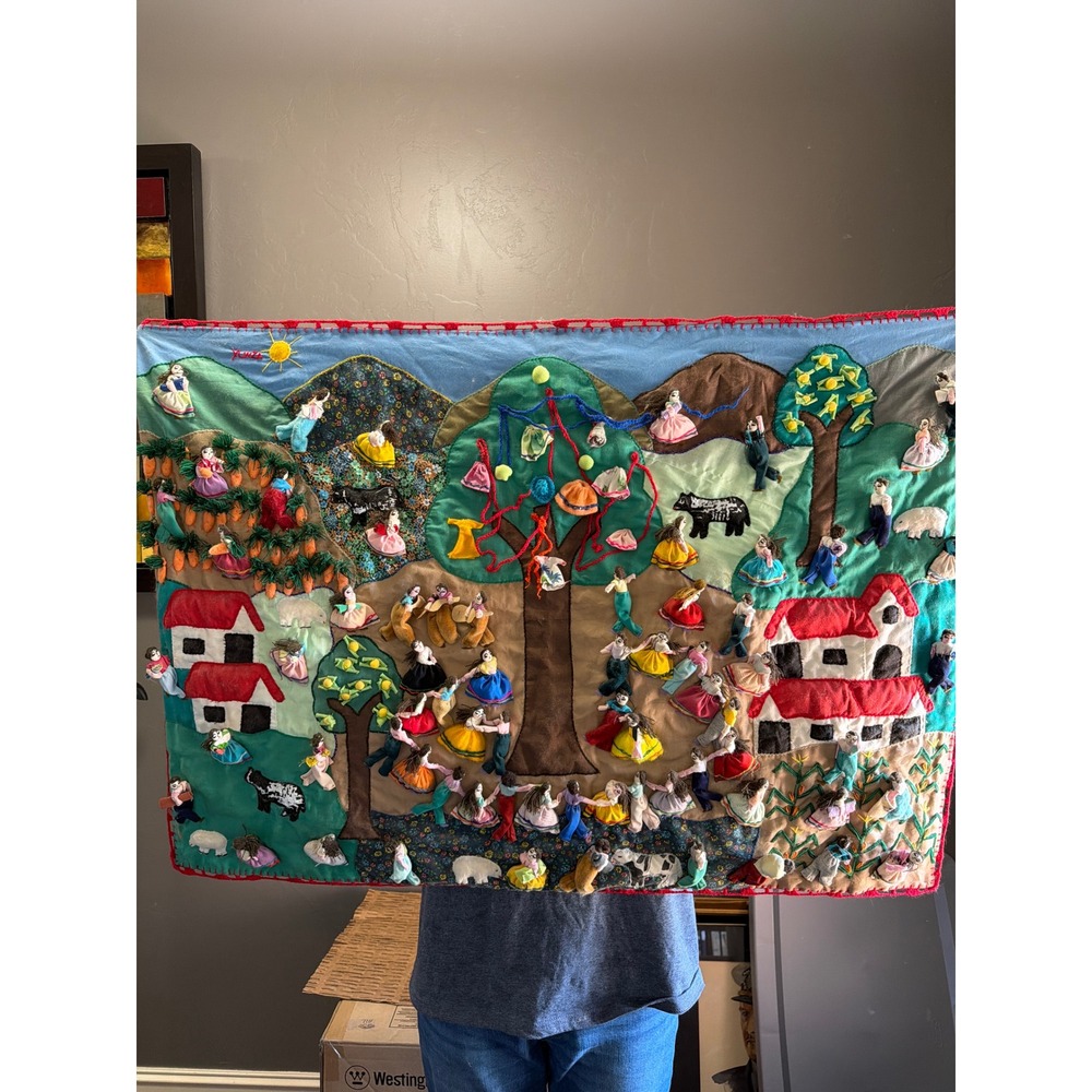 Vintage Peruvian Arpillera Wall Hanging Yunza Festival Folk Art Textile Tapestry